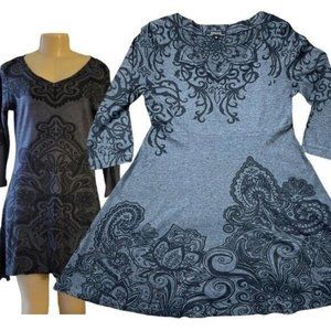 Renuar A-Line Mini Dress Small Gray Mandalas Print 3/4 Sleeves Stretch